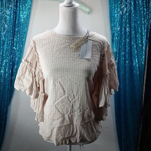 NWT Chelsea & Theodore Women SZ XS Taupe Striped Blouse Flutter Sleeves $68 MSRP